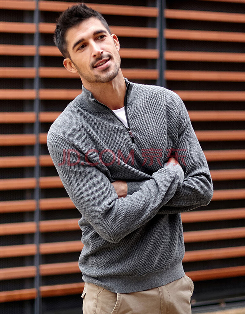 kuegou 男士半高领拉链毛衣 男秋冬纯棉套头打底针织衫外套32007 灰色