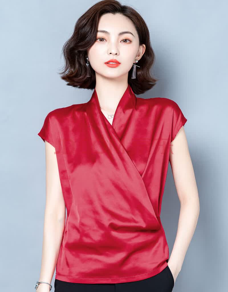 特价特价恒源祥重磅真丝夏装新款时尚v领上衣女短袖打底衫收腰遮肚子