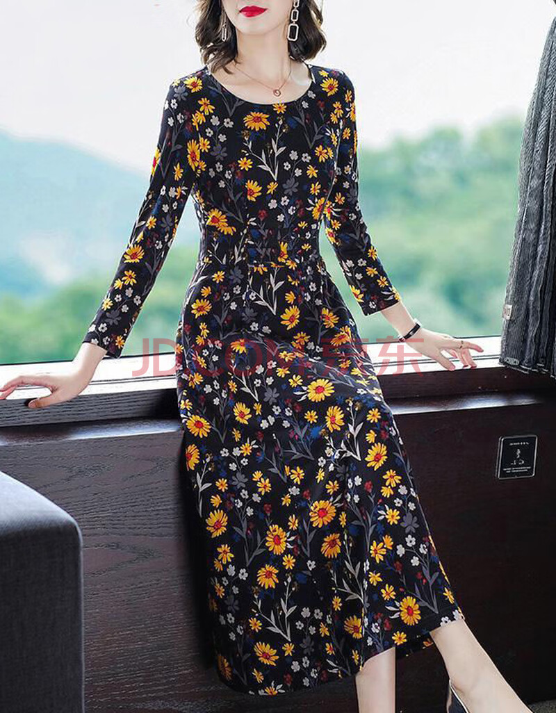 恒源祥2020秋季新款时尚连衣裙修身显瘦减龄中长款过膝长裙女简约百搭