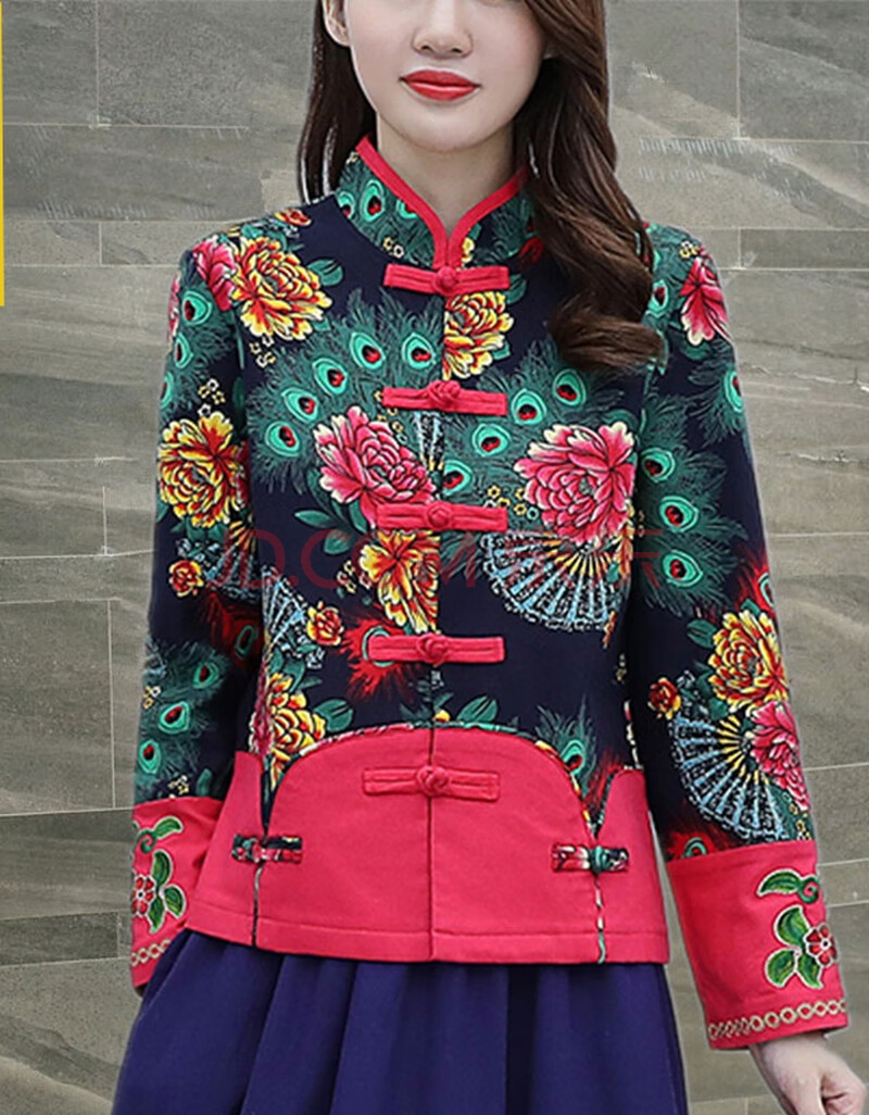 中式唐装女秋冬装文艺开衫民族风女上衣复古印花刺绣棉麻短款外套定制