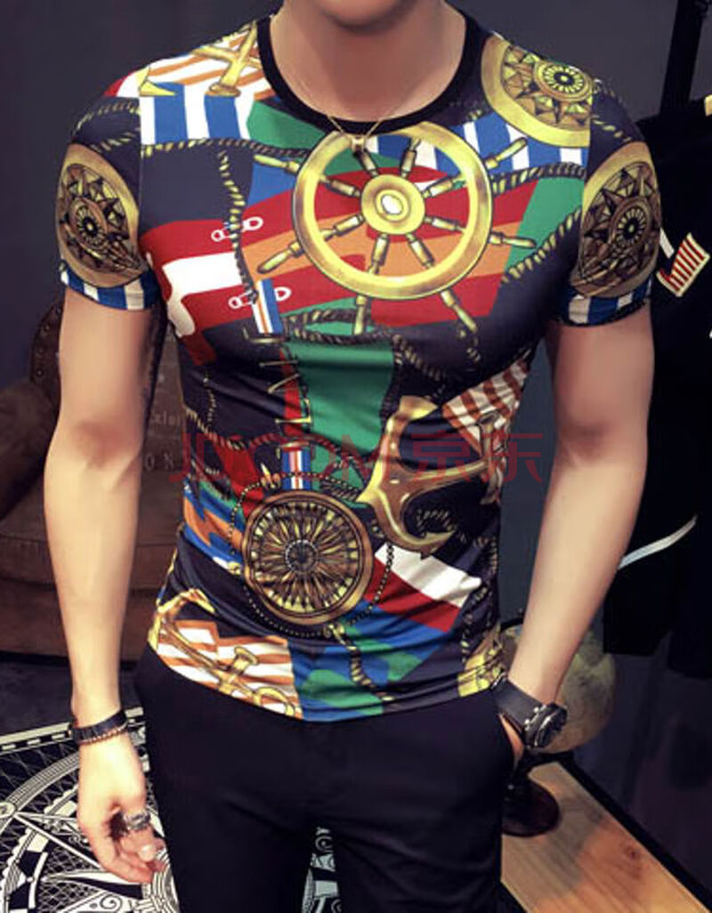 男士大码冰丝短袖花t恤男夏装时尚半袖男修身圆领男装汗衫 雷尔偌斯sn