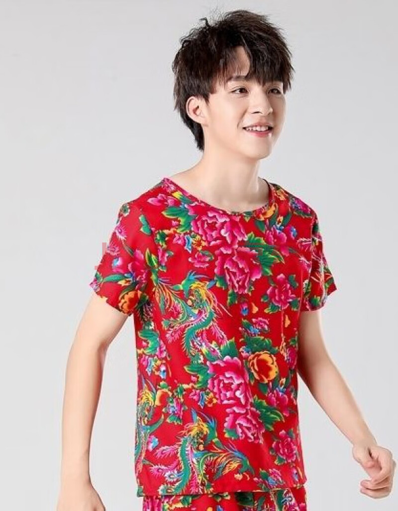 东北大花布花裤男女个性搞笑伴娘伴郎服装快手抖音花衣服2020 红色t恤