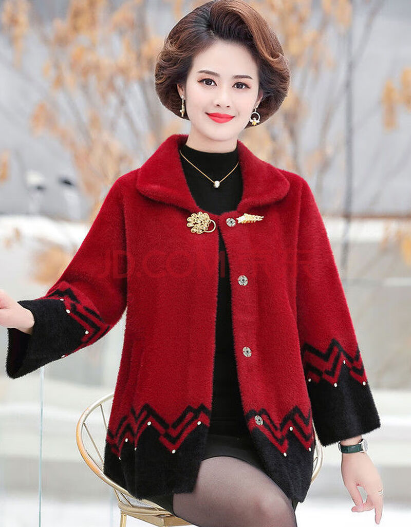 妈妈秋装仿水外套老年人时尚大衣中年女秋冬毛呢外穿洋气上衣 红色