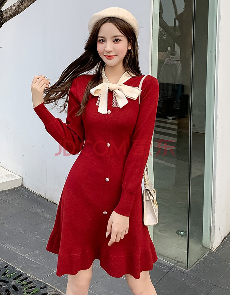 欧婉欣连衣裙秋冬2020新款韩版收腰显瘦法式气质红色针织打底裙中长款
