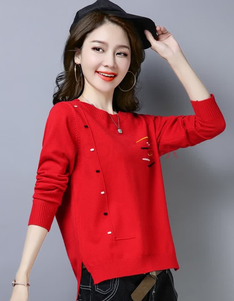 记述2020秋装针织衫女宽松圆领套头打底毛衣长袖上衣女 红色8600 xxxl