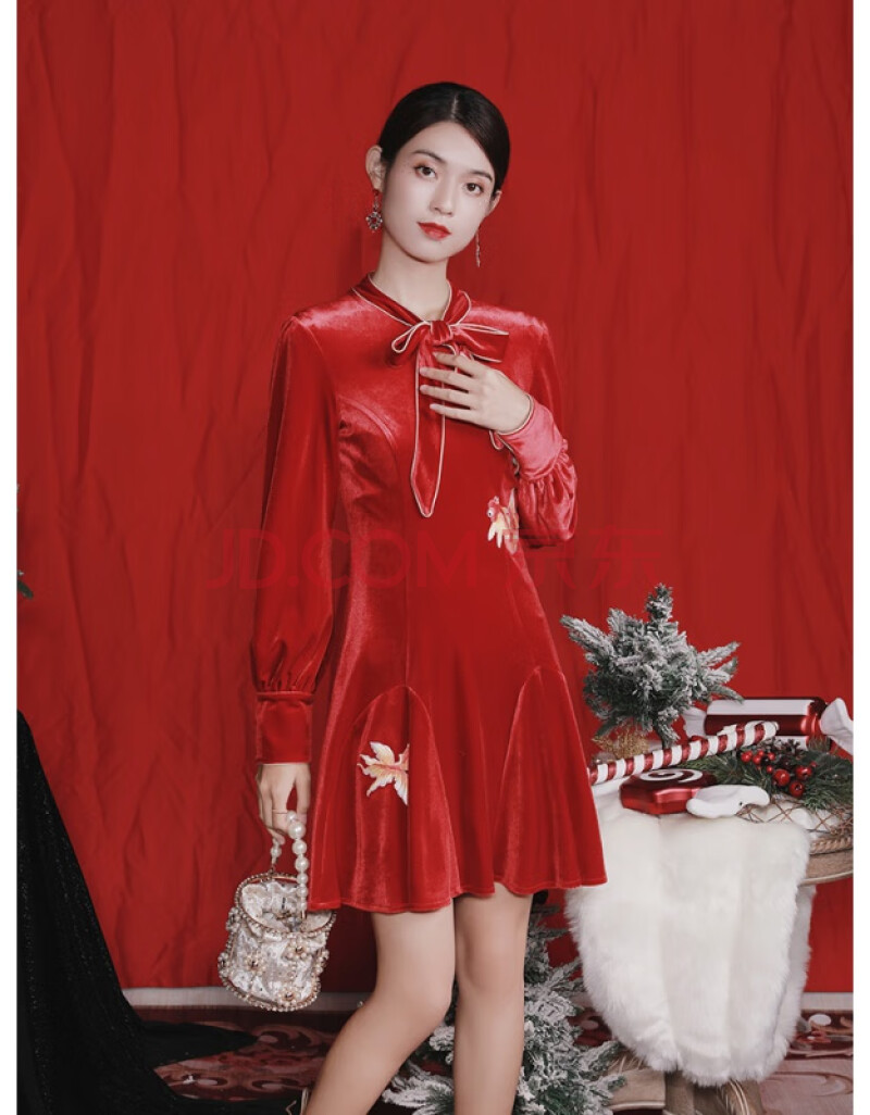 槿爷2021女新款红色法式丝绒轻奢改良过年旗袍拜年服女大人 新年红 s