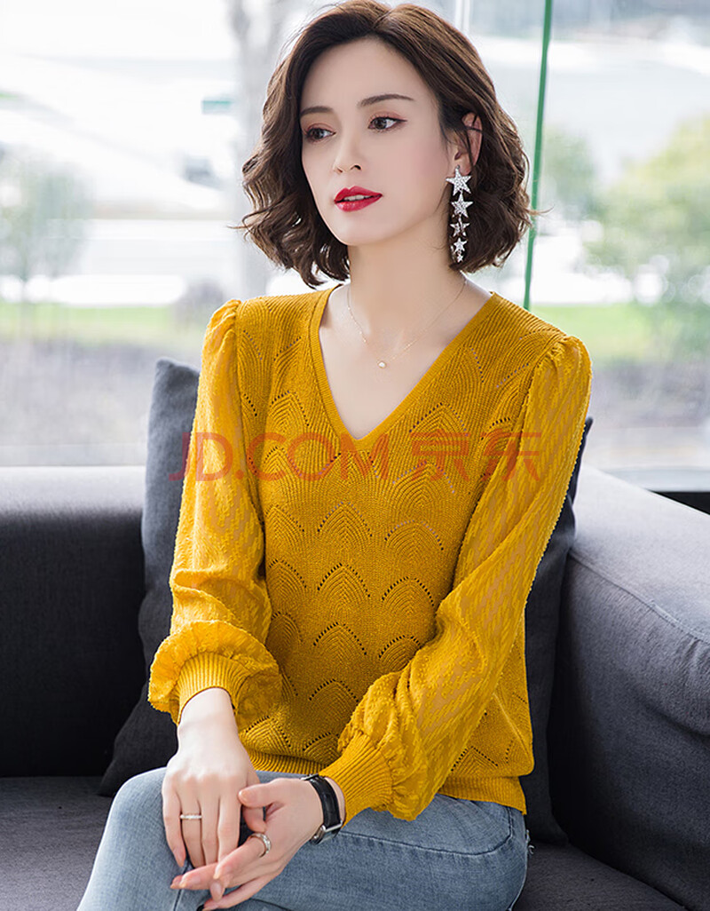 倾依色针织打底衫薄款春秋新款春款女装2021年春季上衣女士毛衣 黄色