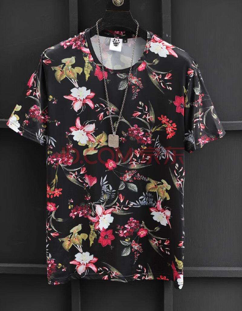 夏季碎花短袖花t恤男冰丝花瓣印花衣服修身丝光棉花纹半袖 花色 xl