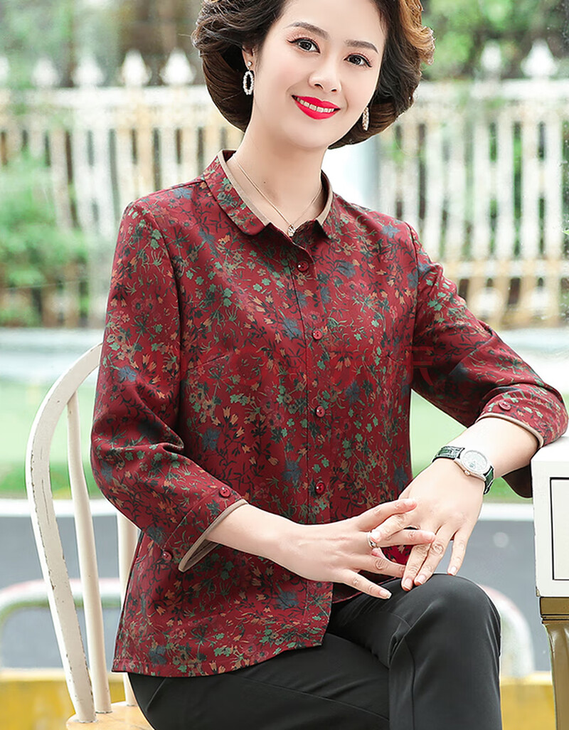 中老年女装春秋翻领真丝衬衣中年妈妈秋装上衣衬衫奶奶装开衫外套