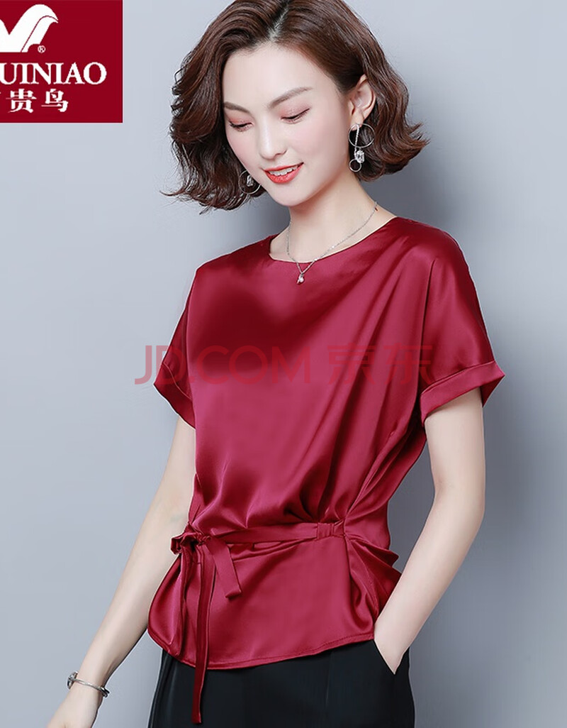 重磅真丝小衫洋气夏蚕丝半袖短袖t恤女宽松遮肚子妈妈收腰上衣 酒红色