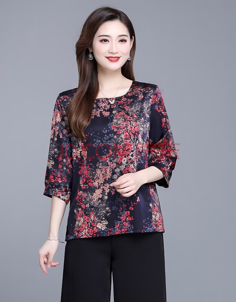 严选杭州桑蚕丝中老年人夏装上衣女短袖香云纱小衫妈妈装真丝t恤衫薄t