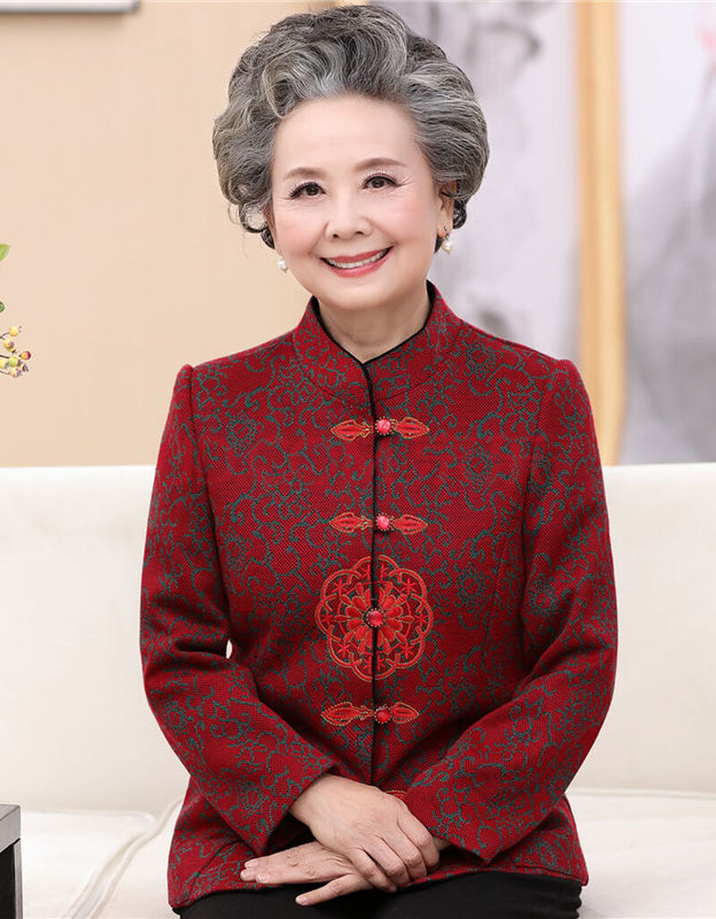 中老年女装春装妈妈装绣花毛呢外套60-70-80岁老人奶奶装唐装套装 o型
