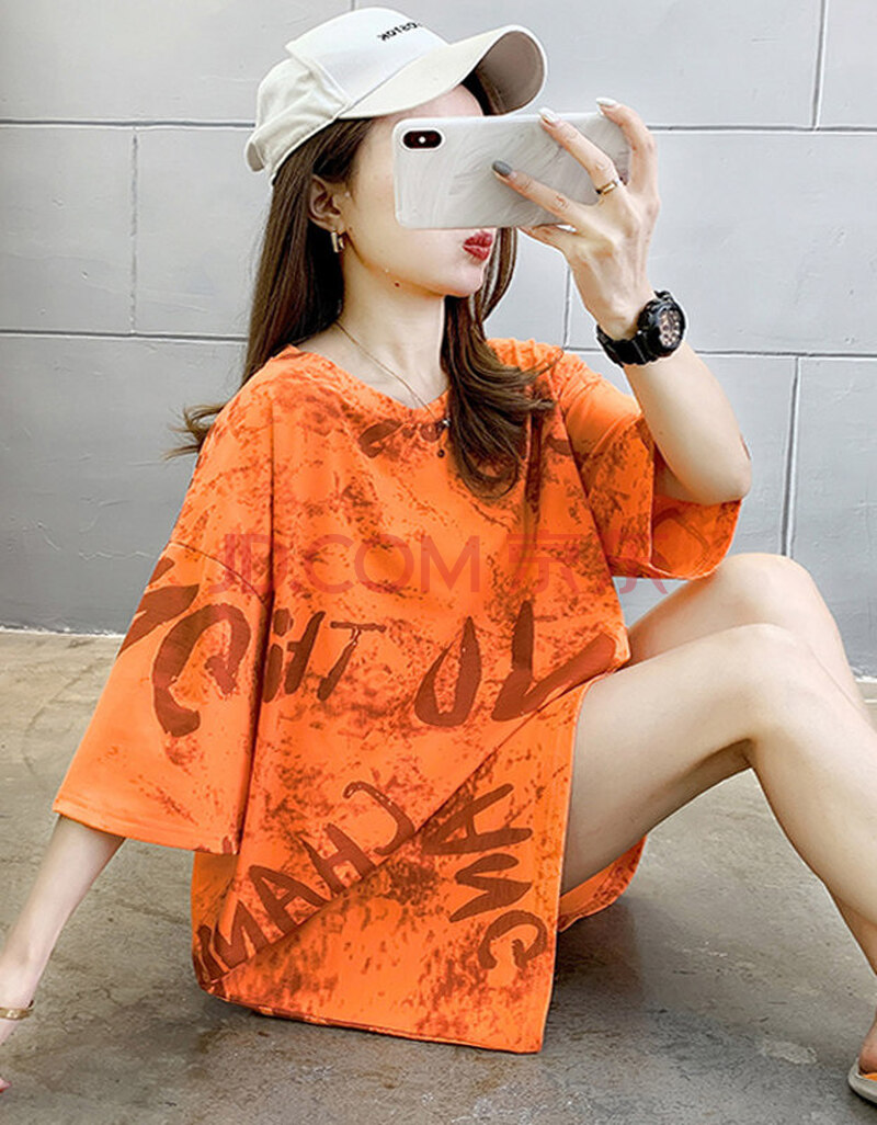 中长款半袖上衣夏季女装2021新款韩版宽松bf风短袖t恤女潮ins 橘色 l