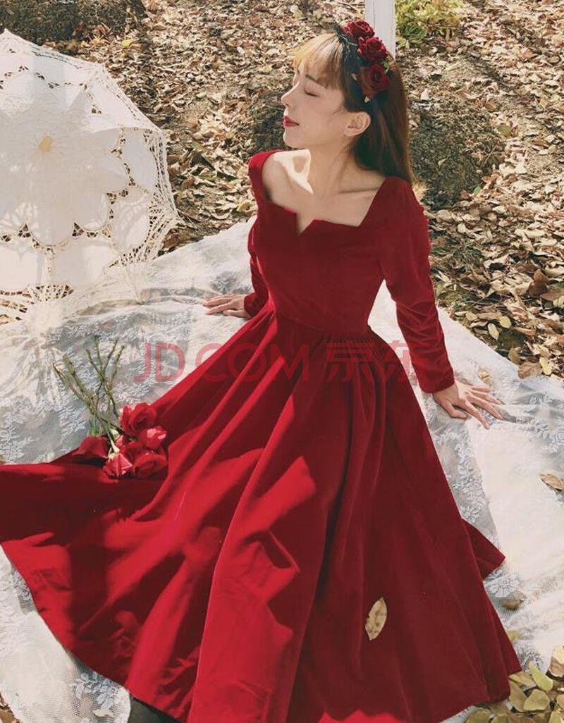 敬酒服女新娘服装法式复古红色丝绒挺阔收腰气质连衣裙礼服年会裙ren