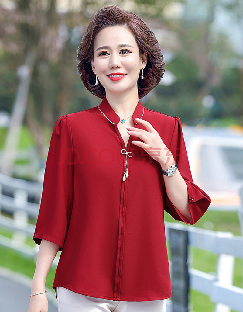 达丽莱 妈妈春装长袖t恤宽松中老年女春夏短款v领纯色上衣50岁大码