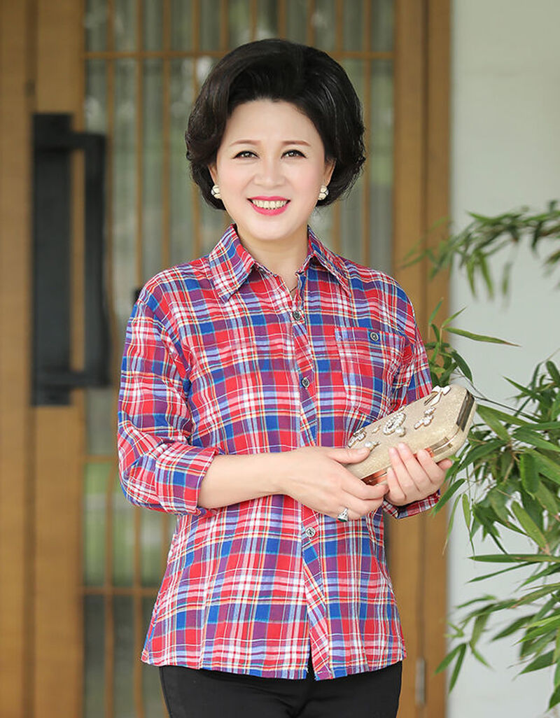 中老年人衬衫女妈妈装春夏款长袖宽松格子衬衣50-60岁奶奶上衣服 花色