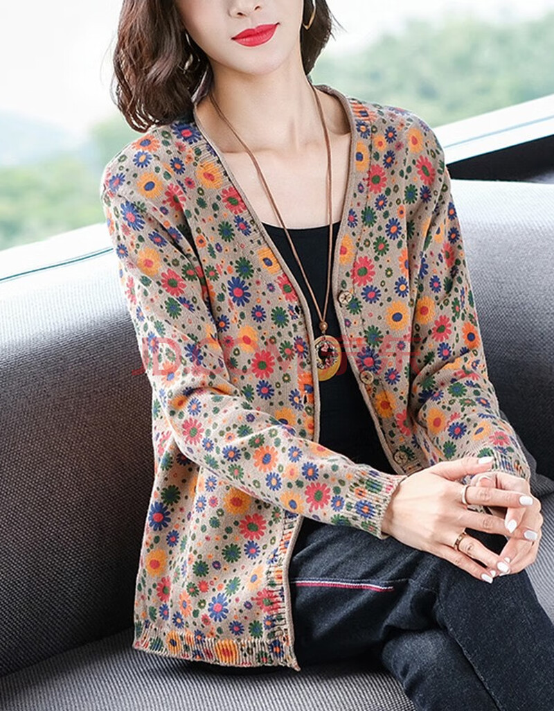 筱娅纯棉印花毛衣外套女开衫女士春秋二八月时尚针织上衣三四十岁女人