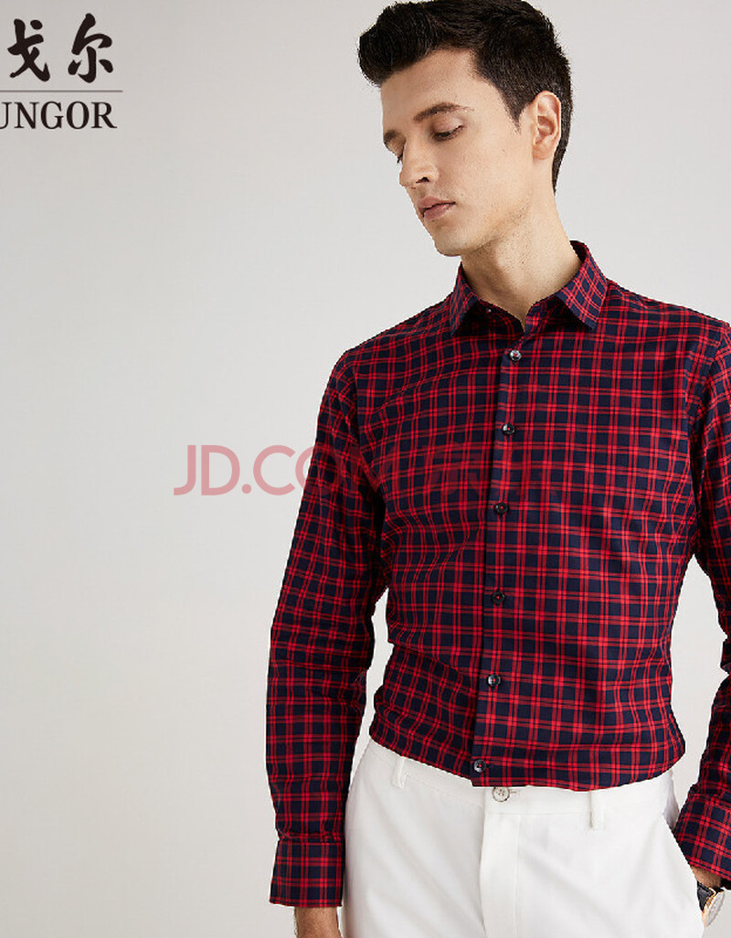 ceo系列新疆长绒棉格纹修身男士衬衣男士长袖衬衫 红色格子 43