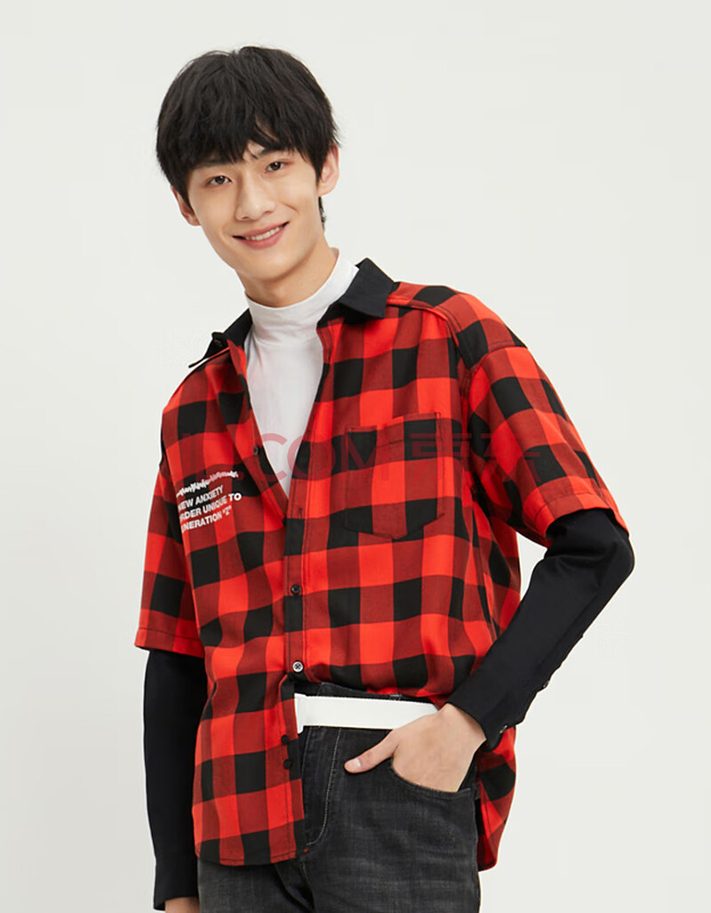 森马长袖衬衫男格子衬衣假两件2021春季新款宽松上衣 红黑色调0169