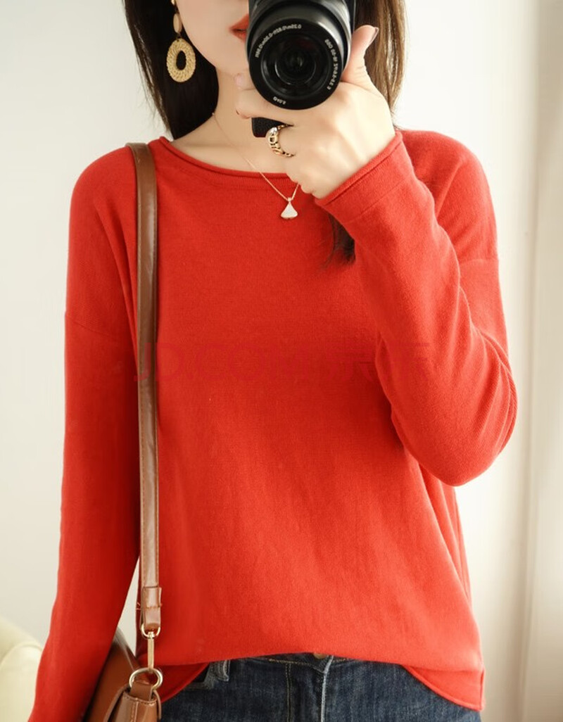 新款女卷边圆领纯棉t恤衫韩版宽松套头纯色薄款针织毛衣打底衫 红色 s
