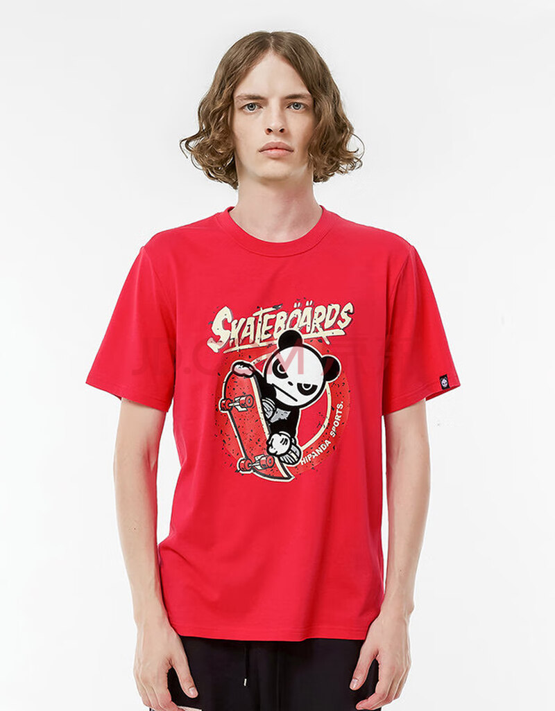 hipanda 你好熊猫 设计潮牌国潮 男款 熊猫滑板印花多色短袖t恤 红色