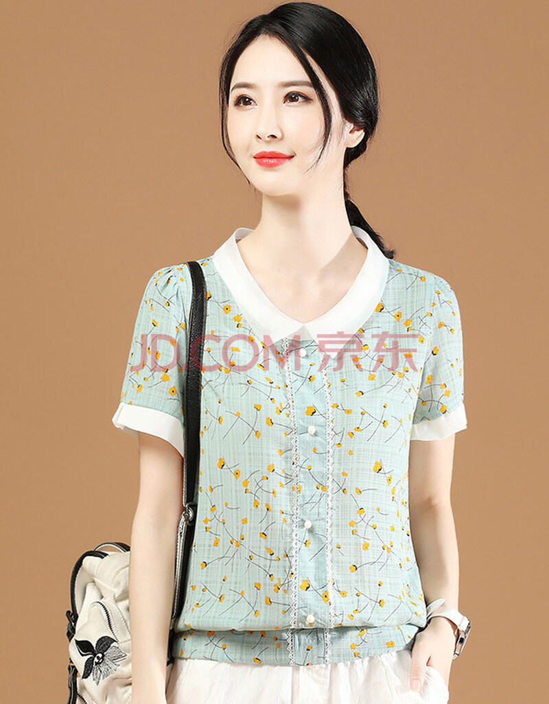 韩潮袭人小碎花短款上衣娃娃领遮肚子雪纺衫女士短袖衬衣薄款衬衫