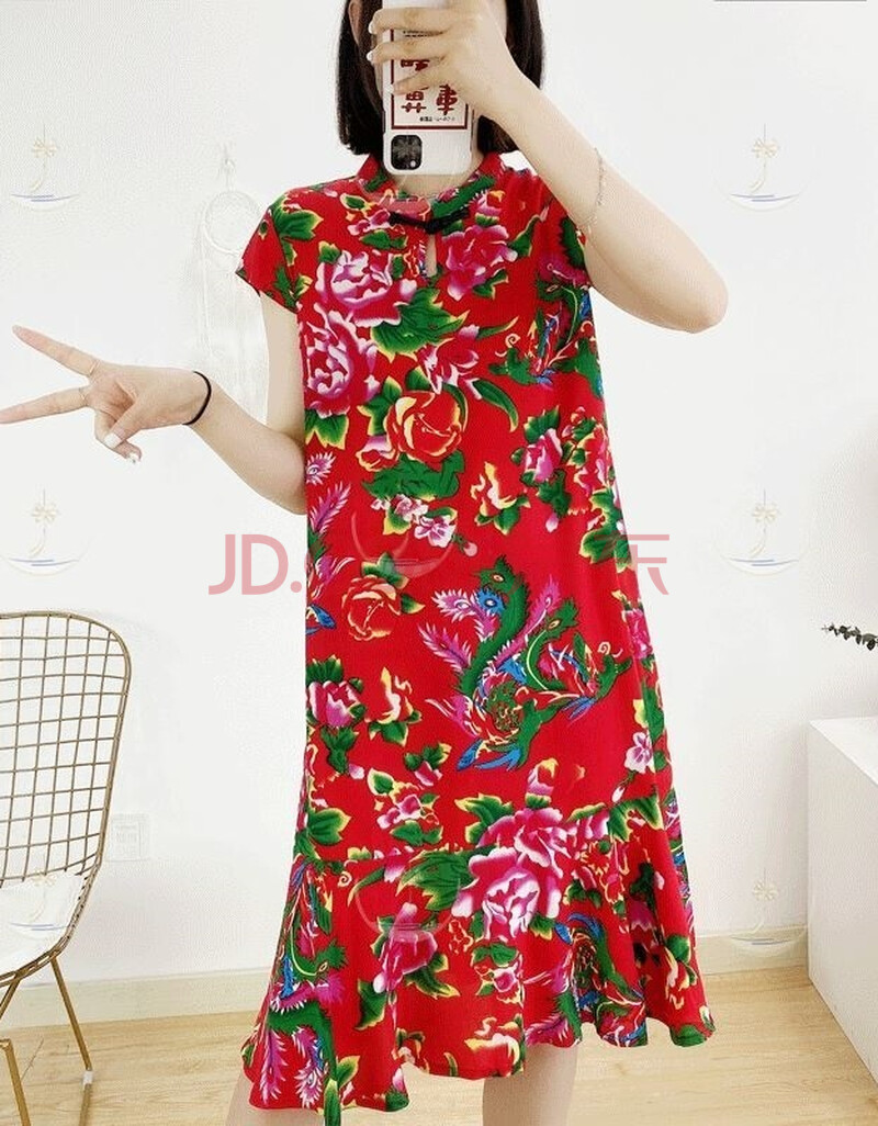 伊必圣 东北大花布衣服裙子连衣裙旗袍夏装大人女士复古民族风碎花
