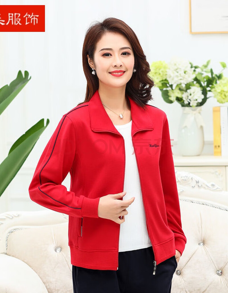 外套2021新款休闲运动服套装中年大码上衣妈妈春装 红色【单件上衣】