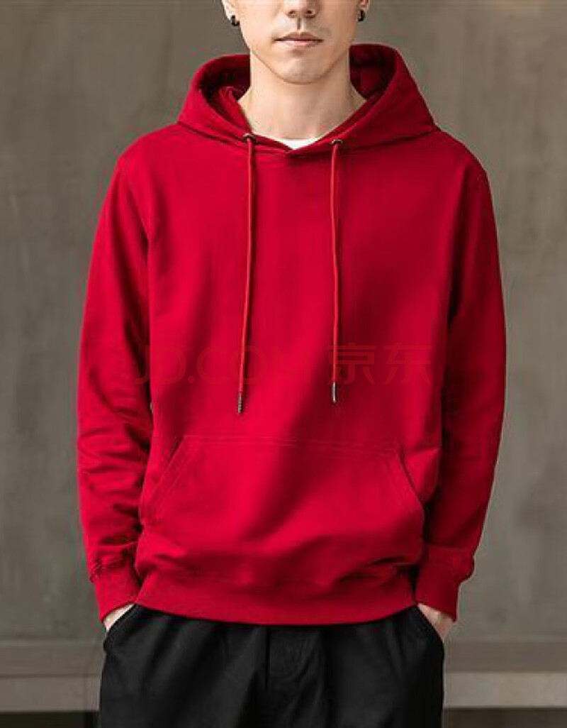 卫衣男连帽纯棉纯色春秋季休闲套头帽衫男学生外套 大红色(春秋款) xl