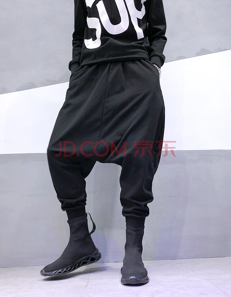 男款吊裆哈伦裤垮裆垮裤潮街头加肥加大低档男嘻哈潮流大裆大码 黑色