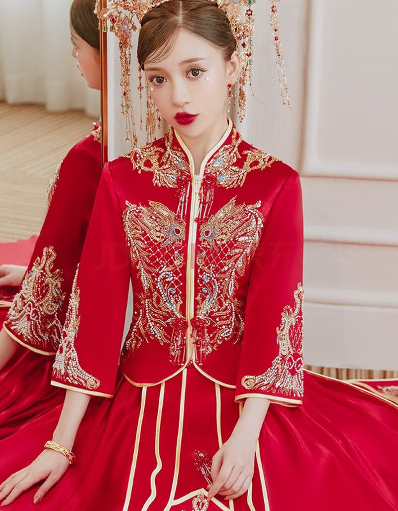 龙曼尼仕秀禾服新娘2021新款排花中式婚纱结婚礼服古装旗袍敬酒服龙凤