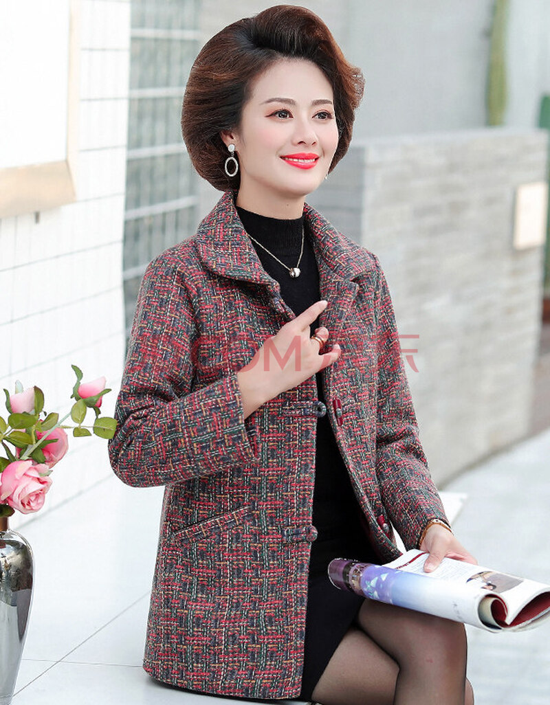 老妈妈春装毛呢子尼泥妮外套50岁大码中年女装春秋短款呢子洋气长袖