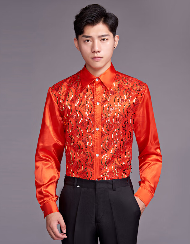 结盟者 彩色舞台演出男士衬衣广场舞大合唱表演主持歌手服装大码2021
