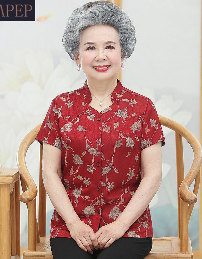 apep奶奶短袖衬衫老年人夏装女老太太七八十岁外婆瘦小个子妈妈上衣服