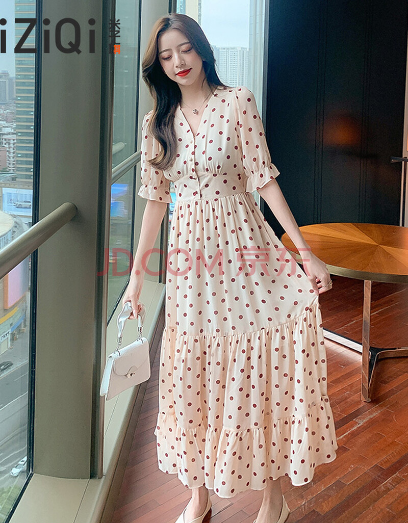 米子旗 雪纺连衣裙女夏2021新款法式显瘦碎花波点ins中长裙子 米色 s