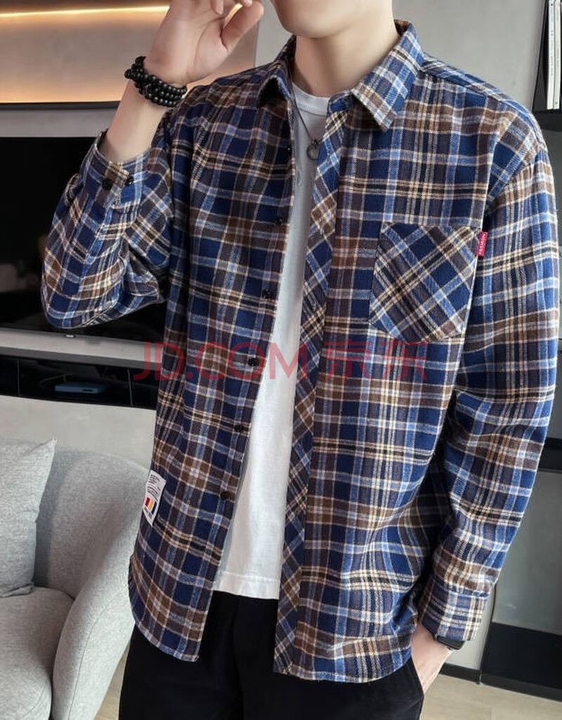 莱北 格子衬衫男秋季长袖韩版潮流上衣春秋款宽松休闲衣服青年情侣