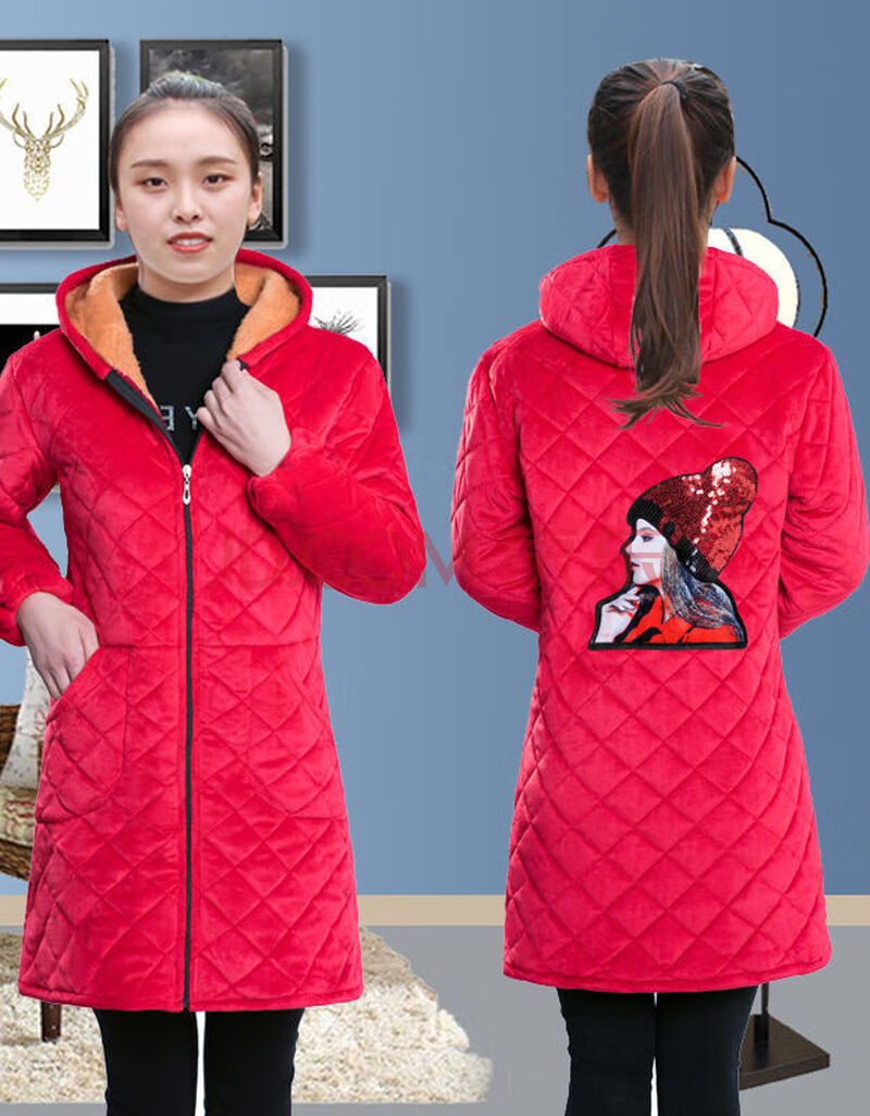 罩衣冬季加绒夹棉加厚中长款防寒罩衣护衣围防污棉服外套 红色(三层