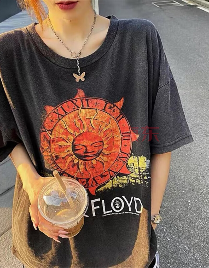 vintage pink floyd 太阳神水洗做旧复古t恤高街宽松比伯同款短袖