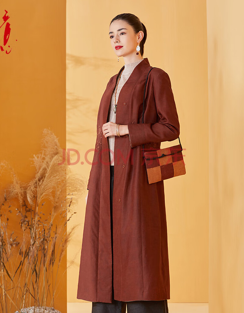 tangy/天意2021年秋冬新品商场同款简约型莨绸香云纱长款风衣外套