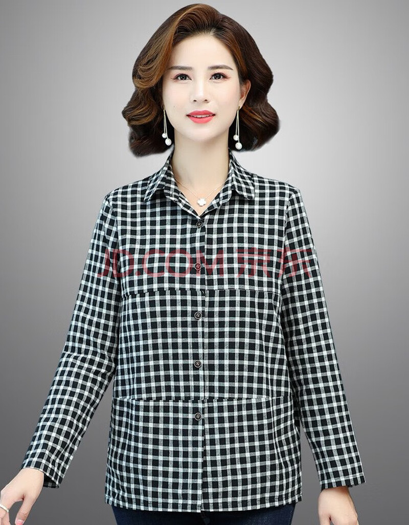 财士鸟纯棉格子衬衫女中年新款夏装长袖上衣服中老年妈妈装春秋长袖