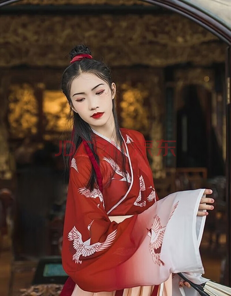 一点传统改良唐装女装交领襦裙齐腰仙鹤印花直袖渐变日常夏 上衣红色