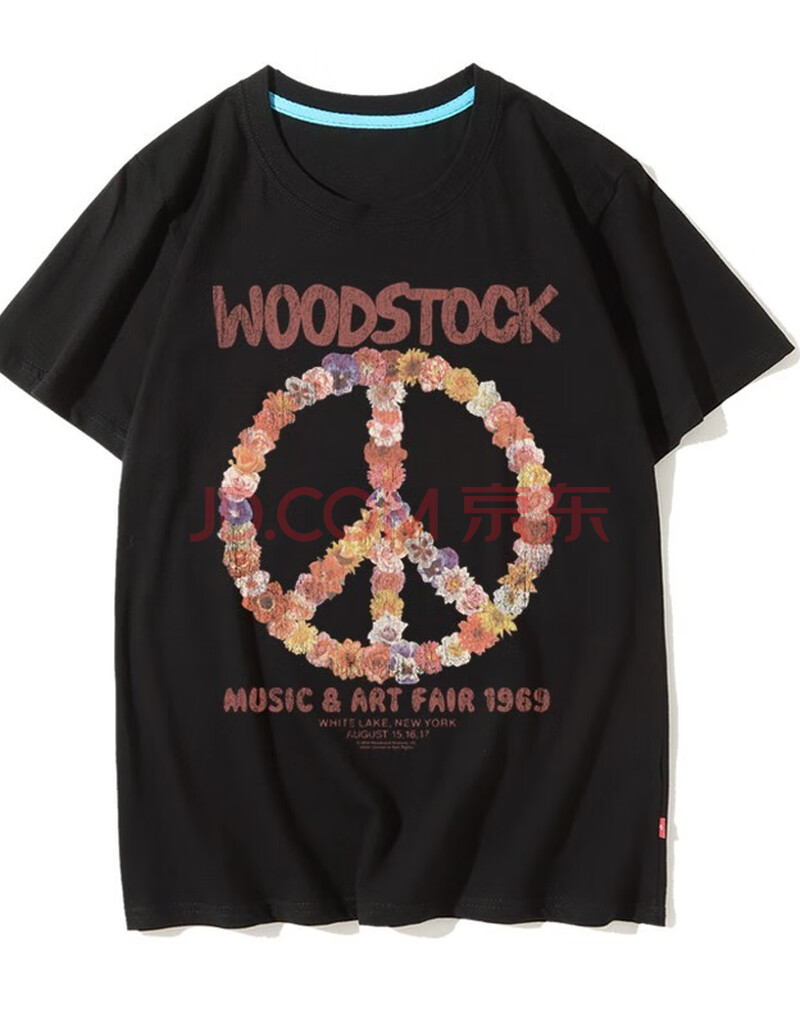 纯棉圆领短袖t恤男女夏季美式朝圣伍德斯托克音乐节摇滚复古印花 黑色