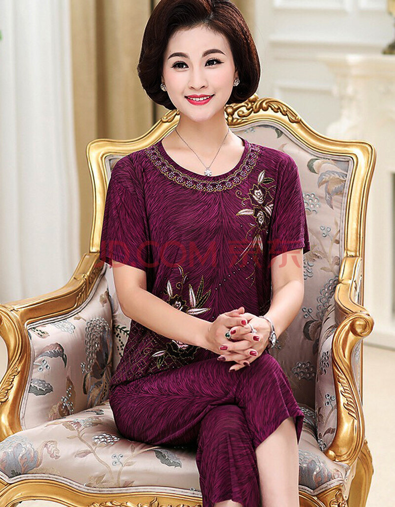 夏季妈妈装休闲套装上衣裤子中老年夏装短袖两件套大码女装夏天七分裤