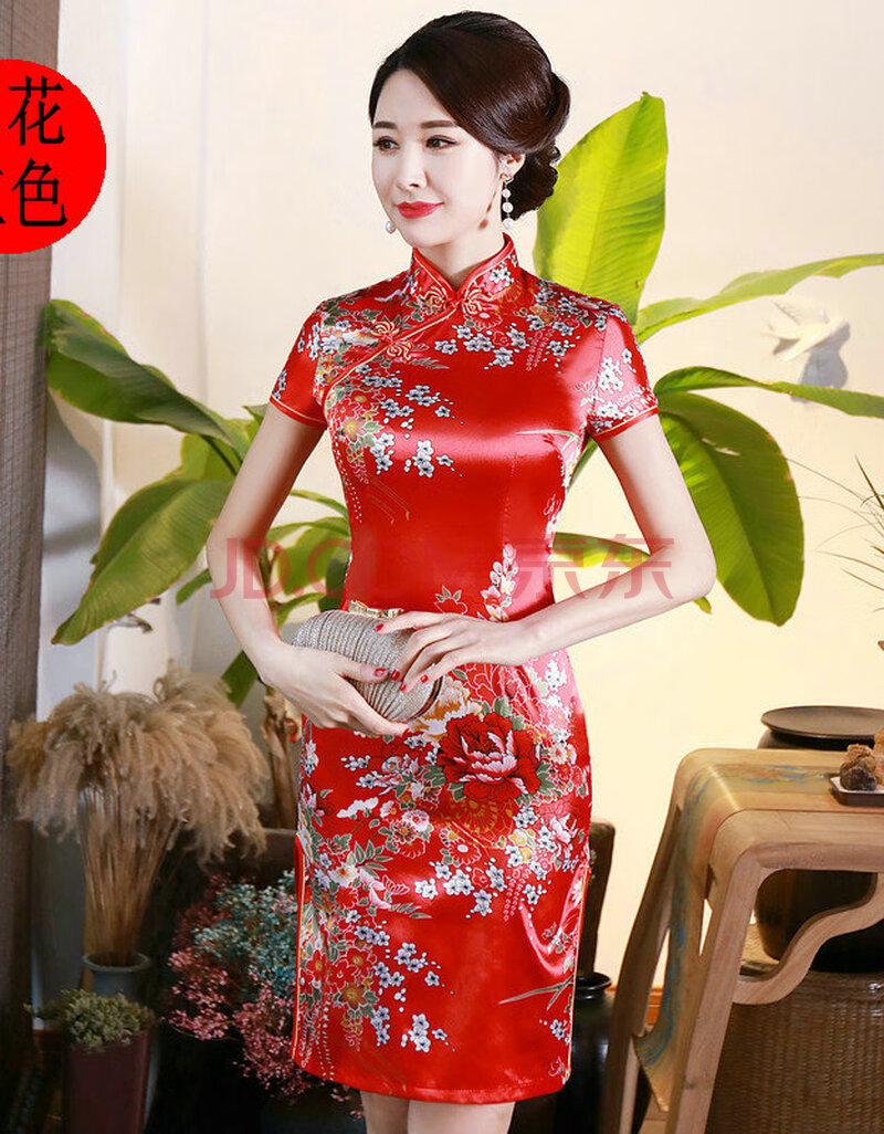 改良复古仿真丝孔雀印花短旗袍走秀礼仪旗袍少女旗袍裙c 印花红色 6xl