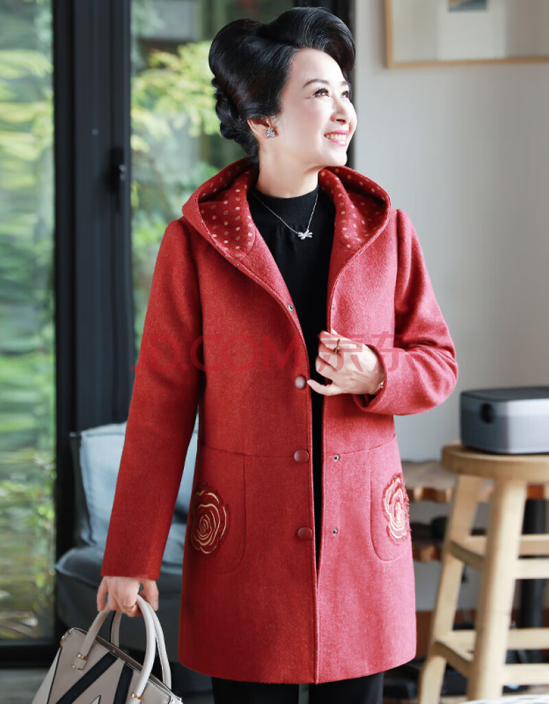 香颜中老年人女秋装中长款毛呢外套50岁60妈妈装秋季绣花呢子风衣 大
