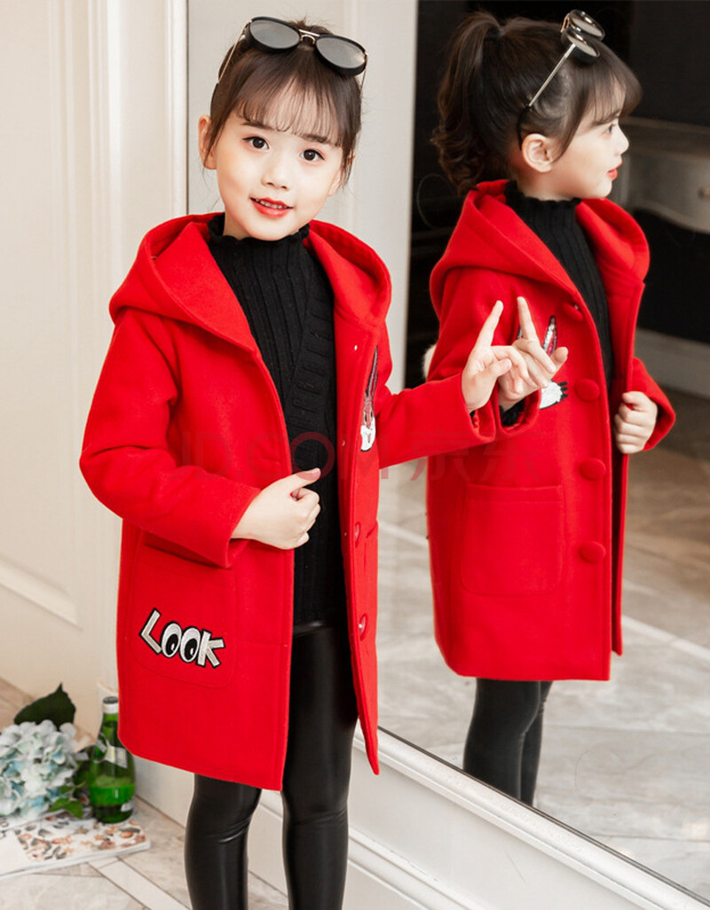 秋冬呢子外套2019新款韩版洋气小女孩中长款儿童加厚毛呢大衣 红色