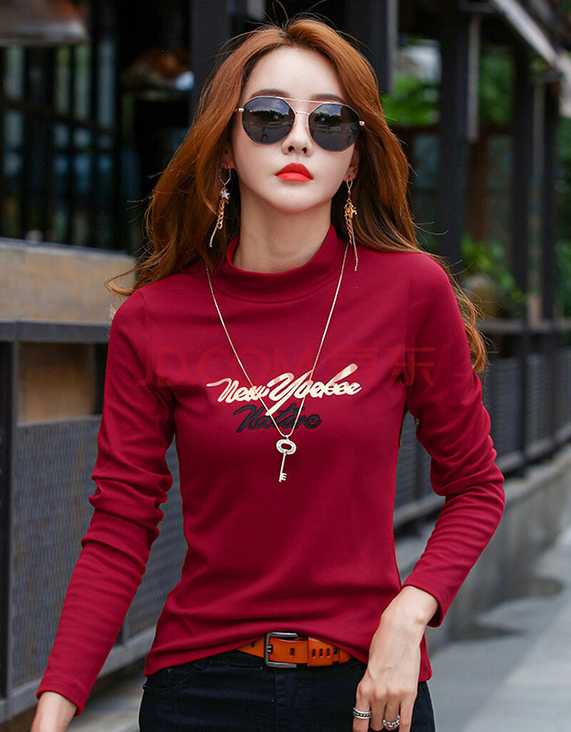 红粉宣言2020秋冬新款百搭长袖打底衫女半高领修身t恤女 红色 xl