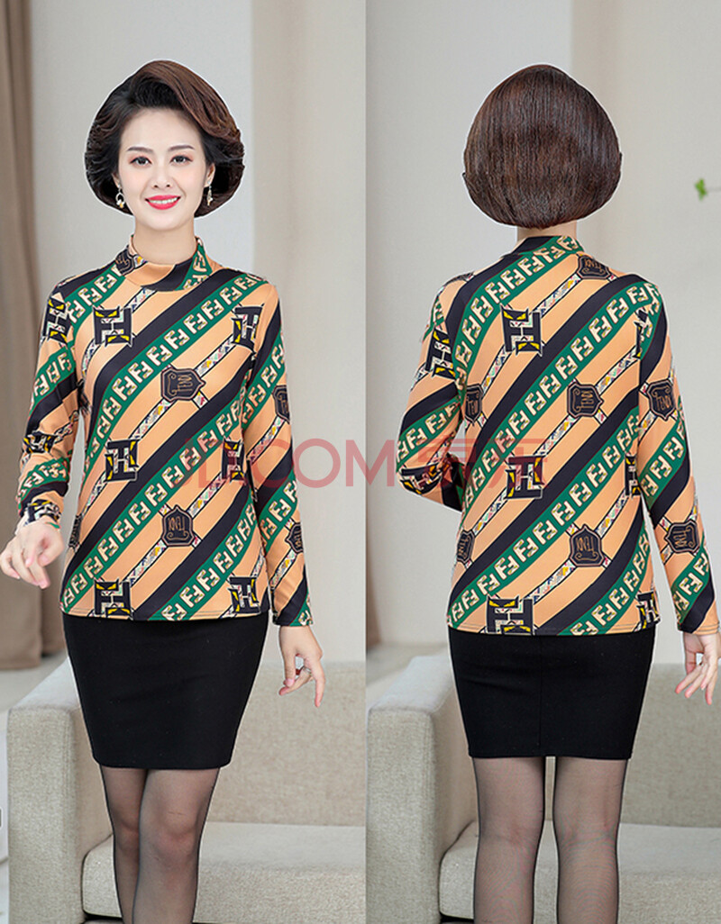 古莱登新款中老年女装奶奶装春秋装长袖t恤60岁老太太大码宽松打底衫