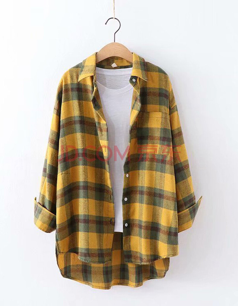 衫博 中长款格子衬衫女长袖2021秋冬春新品宽松bf风简约休闲衬衣外套