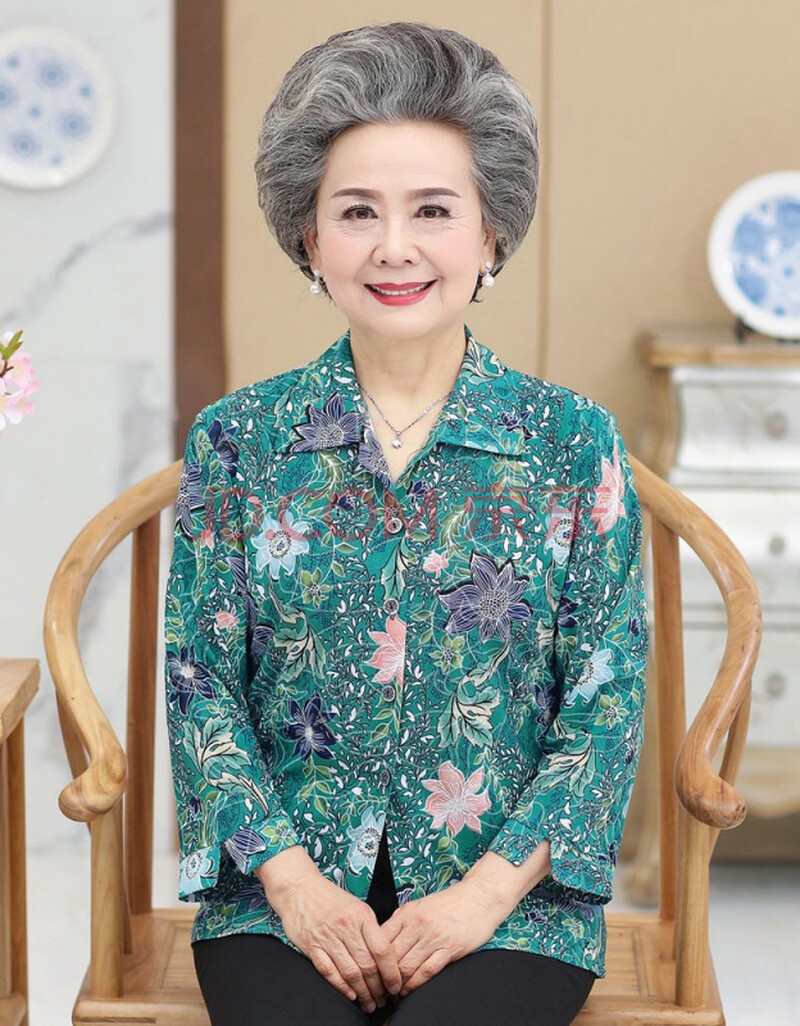 奶奶装春装衬衫中老年人女装妈妈上衣套装/单件太太夏装老人衣服 绿蓝
